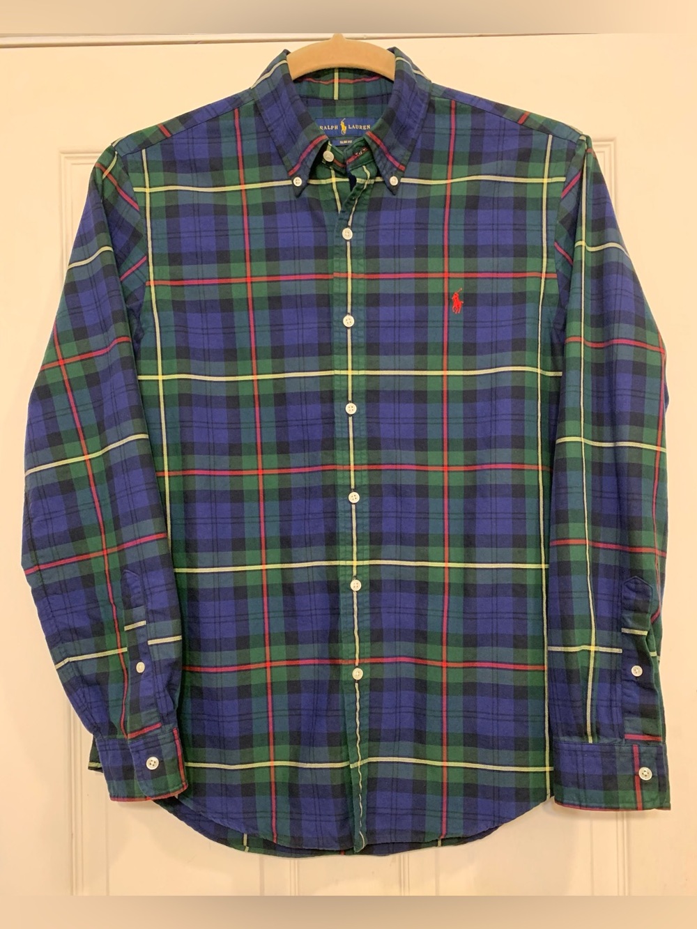 Ralph Lauren Navy Green Large Plaid Button-Front Shirt. 3960P